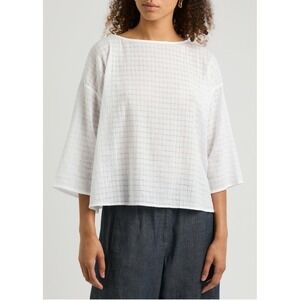 EILEEN FISHER White Boxy Top Textured Check 3/4 Sleeve Boat Neck M